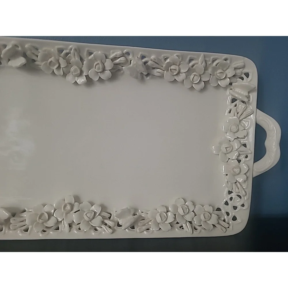 Rosalie Peppertree Tabletops Fine Porcelain Ivory Floral Platter Roses Butterfly